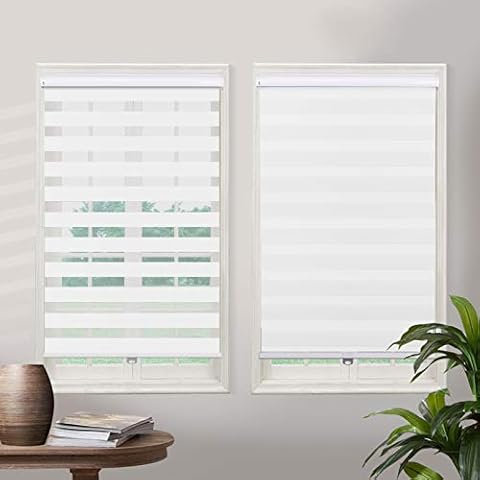 SUAKY Zebra Blinds Cordless Window Blinds, White Custom Free Stop Dual Layer Window Shades with Valance, Sheer or Privacy Light Control, Day and Night Zebra Shades for Windows, Doors, French Doors Cover