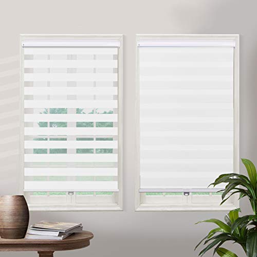 SUAKY Zebra Blinds Cordless Window Blinds, White Custom Free Stop Dual Layer Window Shades with Valance, Sheer or Privacy Light Control, Day and Night Zebra Shades for Windows, Doors, French Doors
