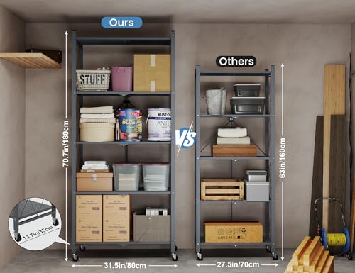 Image of ALANNG 70.7 inch H Metal Storage Shelves, 5 Tier Folding Shelf on Wheels | Heavy Duty, No Assembly, Rolling, Collapsible Rack Unit for Kitchen, Basement, Pantry (Gray,4 Pack)
