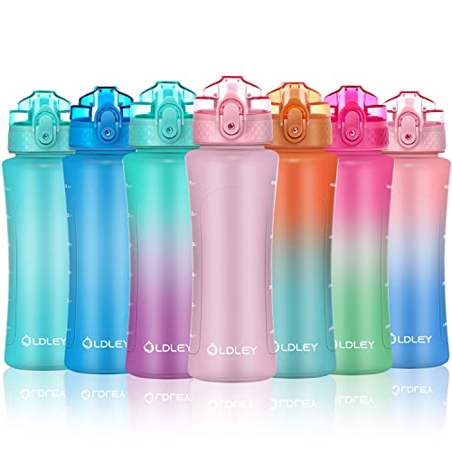 OLDLEY Kids Water Bottle with Straw 15 oz BPA-Free Leak-Proof Motivational Water Bottles with Time Marker for School Sports Travel Gym, Easy to Use for Girls Goys, 1 Straw Lid, Candy Pink