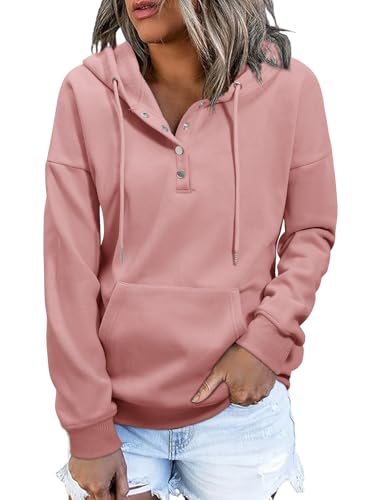 heekpek Kapuzenpullover Damen Hoodie Herbst Winter Warme Sweatshirt Langarm V Ausschnitt Knopfleiste Casual Kapuzenpulli Fleece Pullover für Damen, Rosa, L