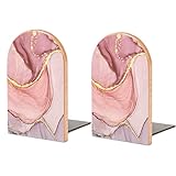 2 PCS Wood Book Ends,Pink Glitter Rose Gold Marble Bookends for Shelves Non-Skid Book Stand for Home...