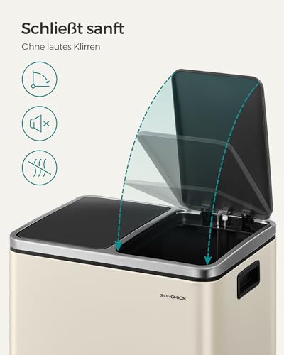 SONGMICS Mülleimer Küche, 2 x 15 Liter, Mülltrennsystem 2 Fächer, inklusive 15 Müllbeutel, Abfalleimer, Treteimer, recycelbare Abfälle, Biomüll, Softclose-Deckel, sandbeige-tintenschwarz LTB30A02