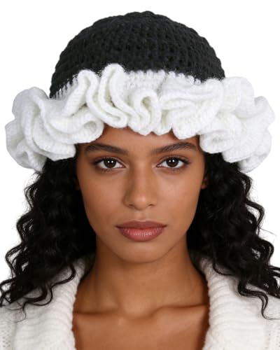 Image of Women Crochet Bucket Hat Cute Winter Ruffled Brim Floppy Cap Handmade Knit Cloche Hats