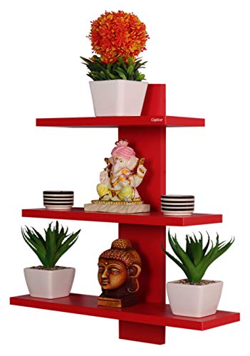 Image of Captiver Engineered Wood Wall Mounted Decorative Shelf Racks Tier 3 (Matte, Red) II Home Decor Living Room Bedroom Kitchen Hall Office Tv Side Organiser