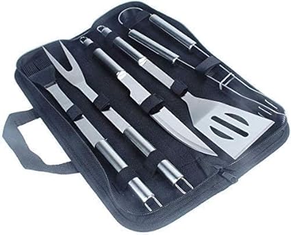 LAVNIK 5PCS Heavy Duty BBQ Grill Tools Set - Extra Thick Stainless Steel Spatula, Fork, Tongs & Cleaning Brush - Complete Barbecue Accessories Kit with Portable Bag in Black