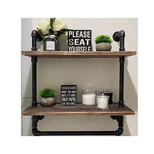 RUYEE Industrial Bathroom Shelves Wall Mounted 2 Tiered with Towel Bar, Farmhouse Towel Racks, Metal Floating Shelves Towel Holder, Rustic Pipe Shelving, Iron Distressed Wood Shelf Over Toilet, 24in