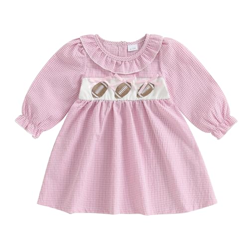 Toddler Girl Football Outfit Embroidered Puff Long Sleeve A Line Dress Cute Fall Game Day Dresses Clothes (Pink, 2-3 Years)