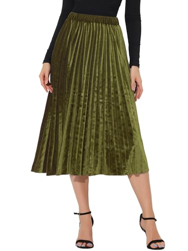 Allegra K Women's Fall Winter Elastic High Waist Flowy Swing Party Christmas Velvet Pleated Midi Skirt