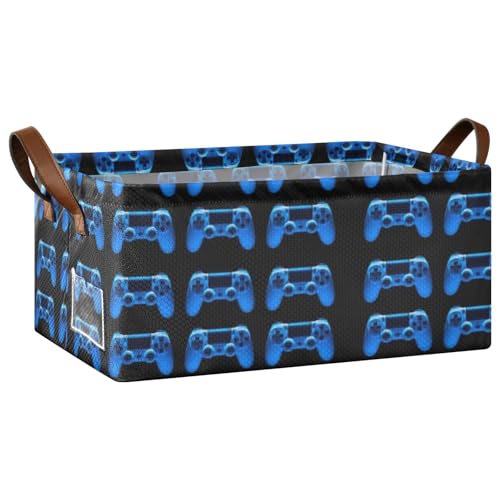Fygkptb Video Game Joystick Gamepad in Blue Neon Lights Isolated on Black 1 PC Rectangle Foldable Frame Basket Leather Handles Storage Bin for Laundry Bathroom Organizer 16.9 x 11.4 x 7.7 inch