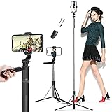 LonFine Selfie Stick Tripod Stand 59' Length Adjustable All in One Cell Phone Tripod with 33ft Wireless Remote Shutter, Phone&Camera Holder for iOS/Andriod Phones, Digital Cameras, etc