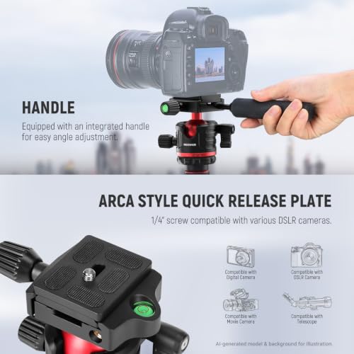 Image of NEEWER BASICS Camera Tripod Monopod, 77 inch Compact Lightweight Travel DSLR Video Stand 360 Ball Head, Arca Type QR Plate, Reversible Legs, Inverted Central Axis & 2 Cleaning Cloths, 13lb Max Load, TP08