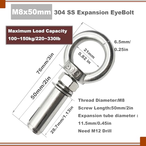 Image of M8 Stainless Expansion Eyebolt 2 inch(50mm) Short Threaded Screw Ring Lifting Shoulder Hook with Nut Washer Locking as Anchor Point for Cement Block Wall 220LB~330LB,6 Pcs M8X50mm