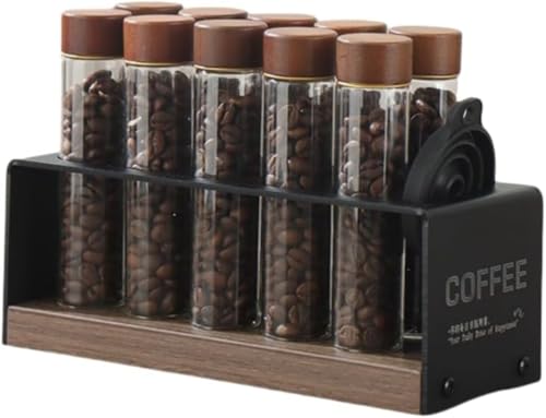 YWHT コーヒー豆保存容器、クルミ材保存瓶、漏斗付き一方向密封保存・分配ボトル、10個セット、透明密封ガラス試験管、木製/アクリルベース、カフェディスプレイスタンド (木製ベース,ディスプレイスタンド / 10穴 + 大試験管10本 + 漏斗)
