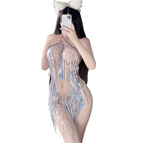 SNOMYRS Rave Outfits Für Frauen Sexy Pailletten Fringe Mini Rock Bodysuit Tanzmusik Festivals Halloween Cosplay Dessous
