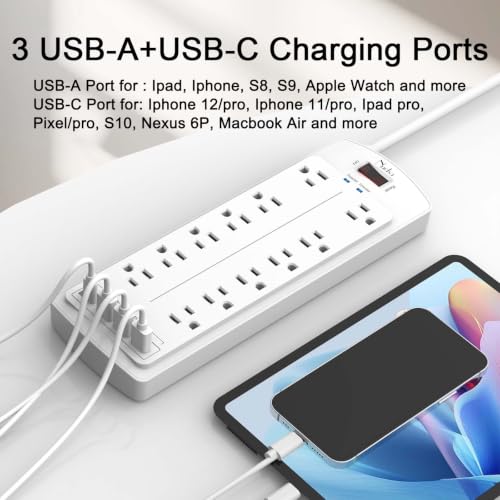 Image of Surge Protector Power Strip, Nuetsa 6Ft Flat Plug Extension Cord with12 Outlets and 4 USB Ports for Home, Office, Dorm Essentials, 2700 Joules, ETL Listed, White