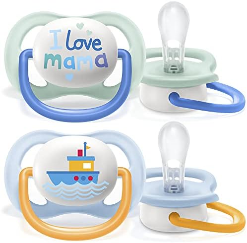 Philips Avent Ultra Air Pacifier, for 0-6m, Orthodontic & BPA-Free, 2 pcs, Including Sterilizer/Carrying Case, SCF080/01 Light Green/Dark Blue and Light Blue/Orange