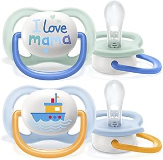 Philips Avent Ultra Air Pacifier, for 0-6m, Orthodontic & BPA-Free, 2 pcs, Including Sterilizer/Carrying Case, SCF080/01 Light Green/Dark Blue and Light Blue/Orange