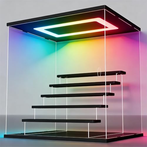 Image of Clear Acrylic Display Case with RGB LED Light, 6 Tier Dustproof Showcase for Collectibles, Figures & Model Cars, Stackable Display Box (Black, 15x12x15 in)