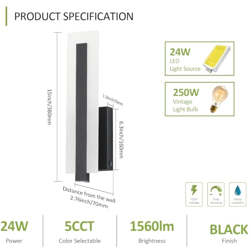 Tipace Hardwired Black Dimmable Modern LED Wall Sconce 2 Packs 3000K 3500K 4000K 5000K 6000K Indoor Wall Lights Up and Down Wall Mount Light for Living Room Bedroom Hallway Corridor(5CCT) by Tipace - Used condition - Image 4