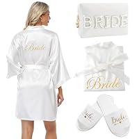 HANGGON Bride Bademantel, Satin Kimono Badmantel, Braut Bademantel + Hochzeit Pantoffeln mit Braut Kosmetiktasche, für Hochzeit JGA Partydeko (DE/NL/SE/PL, Alphanumerisch, XL, Regular, Regular, Weiß)