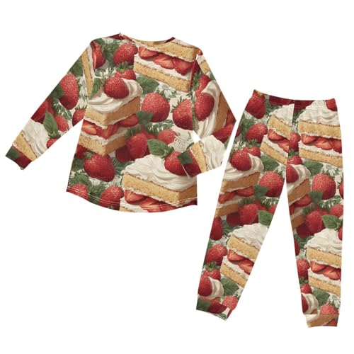 Sweet Strawberry Cake Pattern Soft Pajama Set for All Seasons,Breathable Pjs Long Sleeve Sleepwear,Comfy Loungewear 2 Piece Underwear Set 5T2
