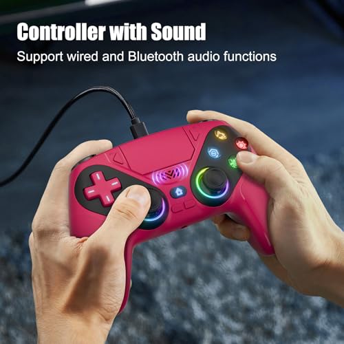 Image of Gamrombo LED Wireless Controller for PS5, Compatible with PS5 Pro /Slim /PC, Dual Vibration, Macro /Turbo Function, 3.5mm Audio Jack, 6-Axis Motion Control Gamepad with Speaker(Maroon)