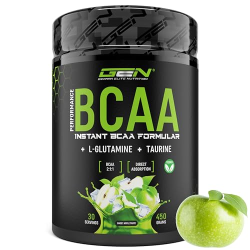 BCAA Performance - 450 g polvo - BCAAs instantáneos + L-Glutamina + Taurina - Deliciosos y super solubles - Aminoácidos veganos - Proporción 2:1:1 - (Manzana)