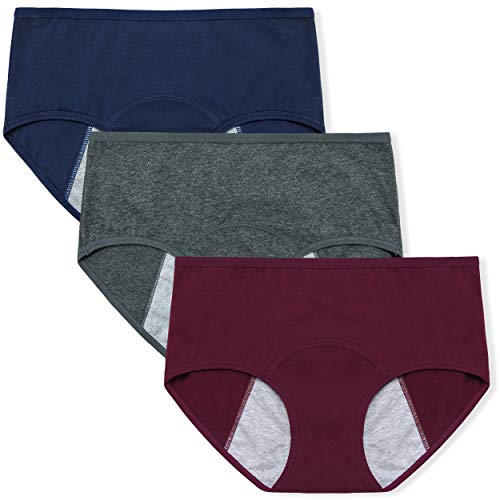 INNERSY Period Underwear for Women Teens Leak-Proof Menstrual Cotton Protective Hipster Panties 3-Pack (Wine Red&Ensign&Charcoal, Medium)