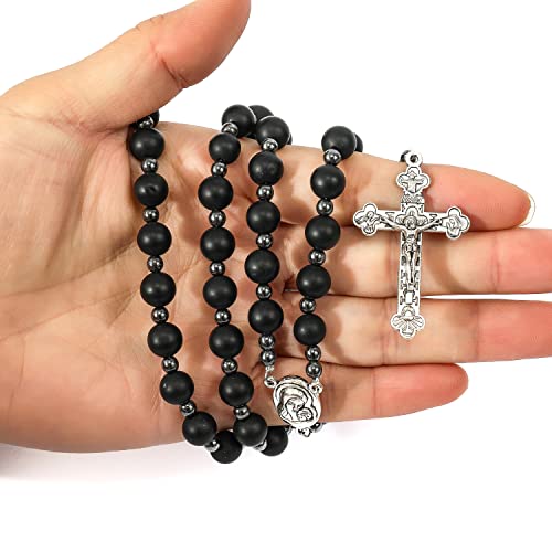 Nazareth Store Black Agate Beads Rosary Necklace Matte Natural Beaded Catholic Men Rosary with Hematite Stones Holy Soil Medal and Cross - Image 4