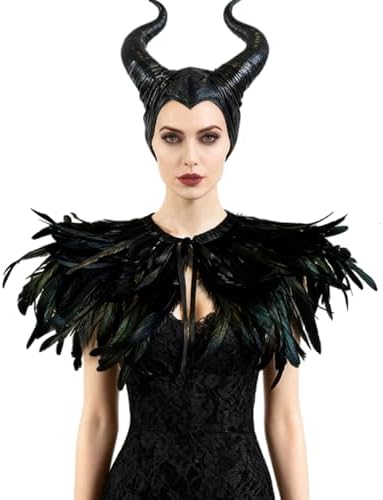 L'VOW Women Gothic Black Feather Cape Shawl with Demon Ox Horns H...