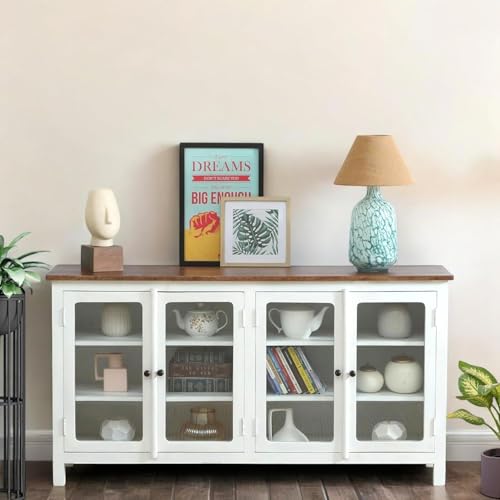 Image of Solid Wood Madrid 4-Door Glass Sideboard Cabinet | Crockery | Kitchen Cabinet | Finish - Premium White