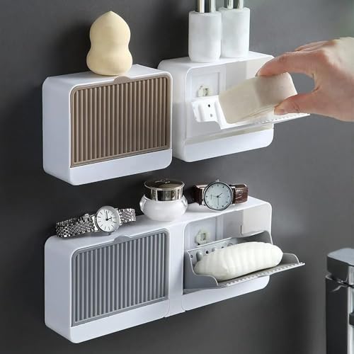 Image of Wall Mounted Soap Holder Box with Lid and Pull-Out Drain Tray, Adhesive Wall Installation Soap Case with Hook, Bathroom Bar Soap Storage Organizer Unit (Pack of 2)