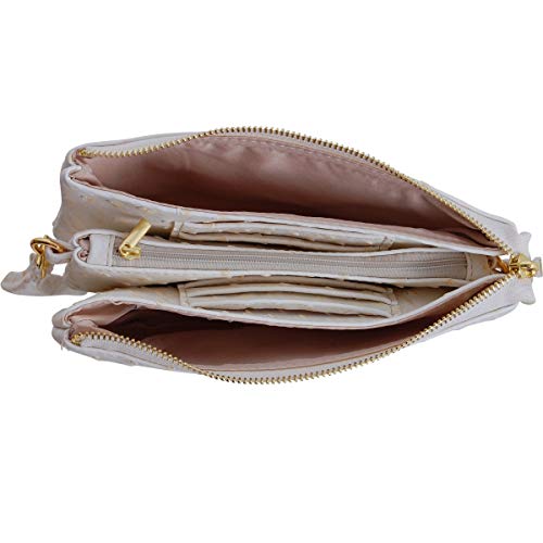 Humble Chic Vegan Leather Faux Ostrich Wristlet - Textured Dot Convertible Wallet Crossbody Bag Clutch Purse with Shoulder Strap, Ivory Ostrich, Off White, Cream - Thumbnail 6