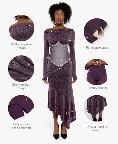 Popilush Sparkly Cocktail Dresses for Women Shapewear Off Shoulder Long Sleeve Formal Dress Bodycon Mermaid Maxi Dress Purple — view 4