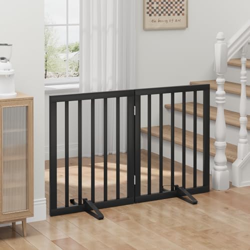 Dog Gate, Bamboo Freestanding Dog Gates for Doorways, Foldable Dog Gate Indoor, Pet Gates for Doorways Bedroom, Puppy Gate with Metal Support Feet, Room Divider 3 Panels (Black) - 2