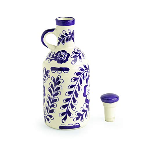 Image of ExclusiveLane The 'Flowy Flora' Mughal Hand-Painted Ink Blue Decorative Ceramic Oil Bottle (1000 Ml) -Cooking Oil Dispenser Containers Vinegar Oil Dropper Can Handled Nozzle Oil Pot Stoppers & Pourers