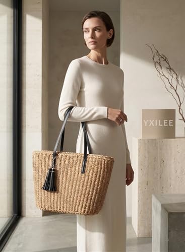 Image of YXILEE Straw Bags For Women | M Size Travel Straw Totes Bag Woven Summer Handmade Shoulder Bag Handbag