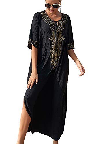 YOUKD Coton brodé Floral lâche Caftan Boho Plage Bikini Couvrir Robe Grande Taille Chemise de Nuit pour Les Femmes