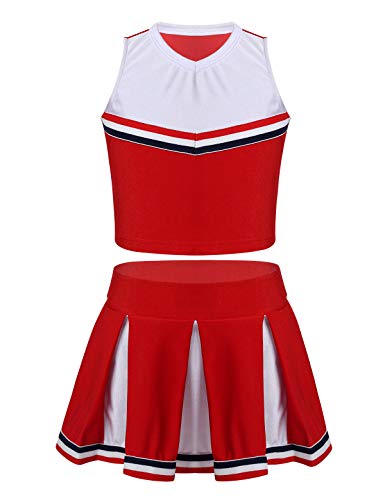 QinCiao Kids Girls Cheer Leader Uniform Cheerleading Costume School Musical Sleeveless Crop Top with Pleated Skirt Set Red 8