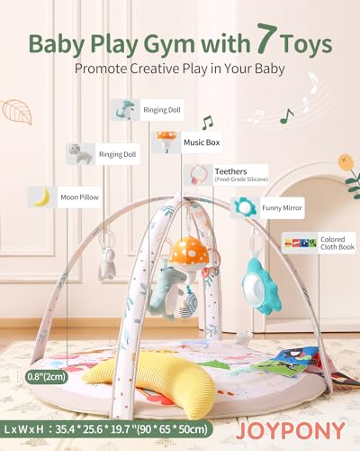 Joypony Baby Play Gym & Activity Mat, Soft Tummy Time Mat with 7 Detachable, Activity Gym with Musical, Mirror, Teething Ring, Sensory & Hanging for Newborn to Toddler Gifts - Thumbnail 2