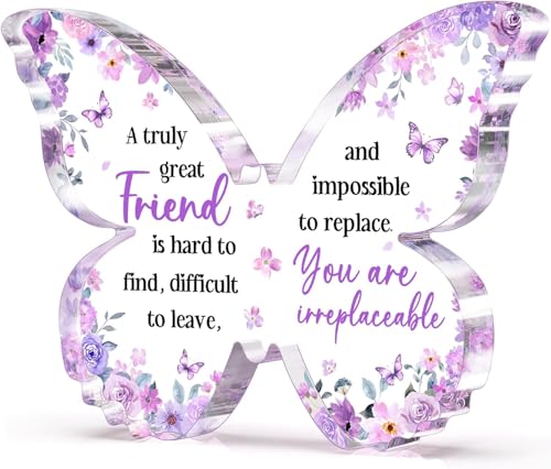 Image of Gifzy Friend Friendship Gifts for Women, Purple Butterfly Acrylic Plaque Desk Decor, Birthday Gifts for Women Friendship Unique, Bestie Best Friend Female Present, 5 x 5 x 0.5 inches