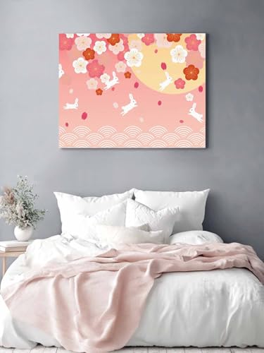 Vandaluuki アートパネル 和風 桜 可愛いウサギ 月 ピンク アートボード ポスター 80x60cm 壁掛け 壁画 壁飾り 部屋飾り 飾り絵 絵画 インテリア ソファの背景画 完成品 モダン 現代 玄関 部屋 リビングルーム ギフト