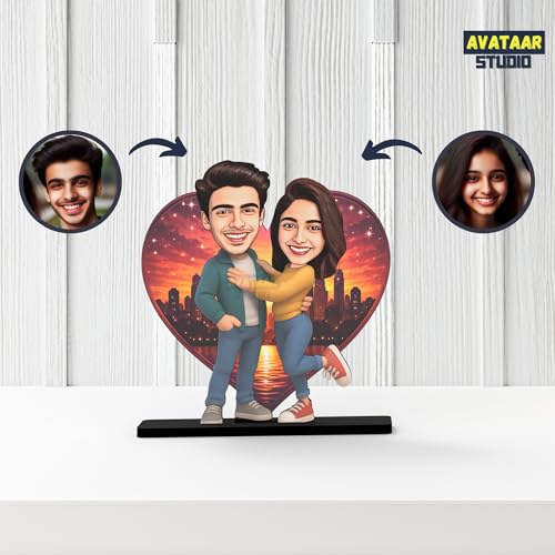 Image of Wood Rectangular Personalized Caricature Gift for Couple, 7 Inches, Tabletop Multicolor, Art Deco Style (LOVING COUPLE 2)
