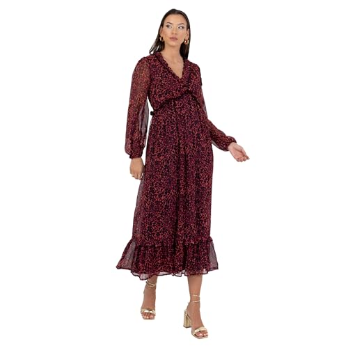 Robe mi-longue imprimée à manches longues et col en V pour femme style casual chic