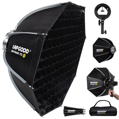 LAPGOOD FS60 Softbox 60cm Softboxes, Quick Release Foldable Softbox with Honeycomb Grid, S-Type Flash Bracket, Bowens Mount and Carrying Bag, Soft Box for Studio Photography Video Flash