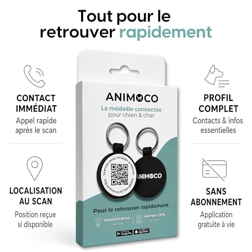 Médaille chien chat QR code Animoco : lot de 2 plaques d'identification étanches