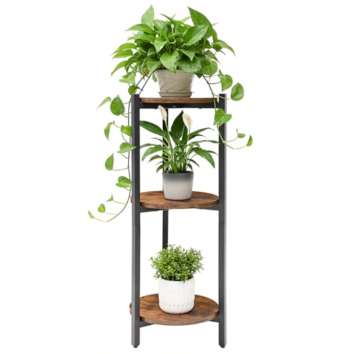 ZBBCTUS Plant Stand Indoor, Corner 3 Tier Tall Plant Stand Shelf with Brown Round Wooden Shelves, Heavy Duty Metal Frame Plant Holder, Sturdy Storage Rack for Living Room Balcony Garden Outdoor by ZBBCTUS - Used condition - CA$27.39