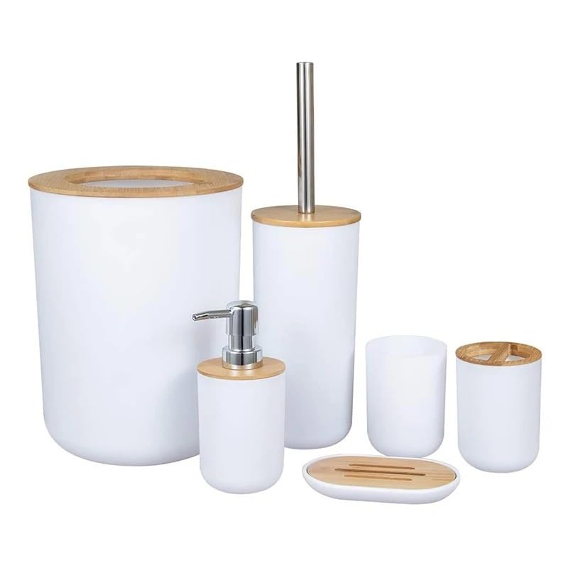 Set di Accessori da Bagno in bambù Kit da Bagno in plastica Dispenser di Sapone, Tazza for spazzolino da Denti, portasapone, Porta scopino, pattumiera (Color : White 6pcs C)