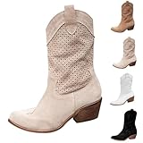 Générique Bottes Cowboy Femme,Bottes Western Mi-Mollet Western pour Femme avec Talon Haut,Bottines D'Équitation à Talon Bloc Bottines Basses en Daim Pointu Mi-Longues Bchaussures D'Équitation Vintage